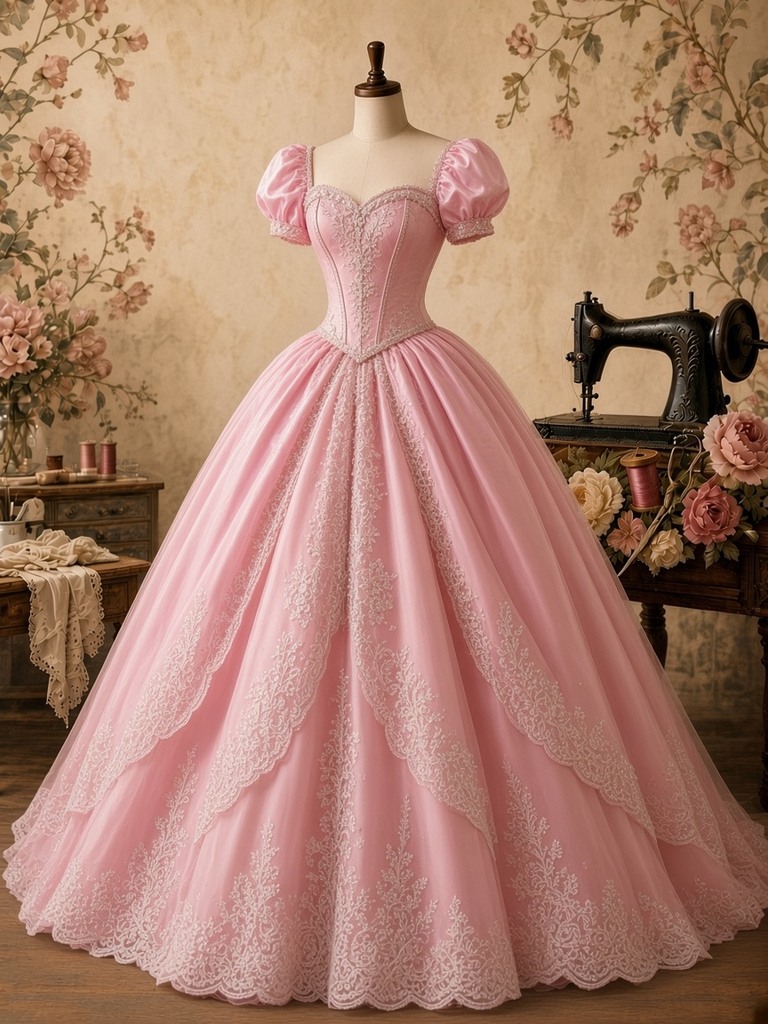 Cream dress form in a candy-pink satin ball gown with white lace overlay, sweetheart V-waist bodice, puff sleeves and scalloped lace skirt; sewing machine and peonies behind